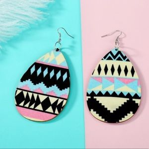 Black Boho Aztec Print Tear Drop Earrings